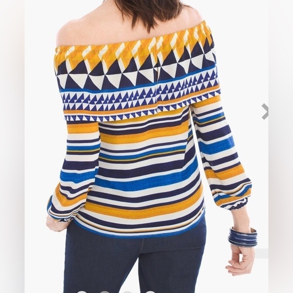 Chicos Off-The-Shoulder Top Womens Size 4 (XXL) Blue Yellow White Striped - Picture 4 of 9